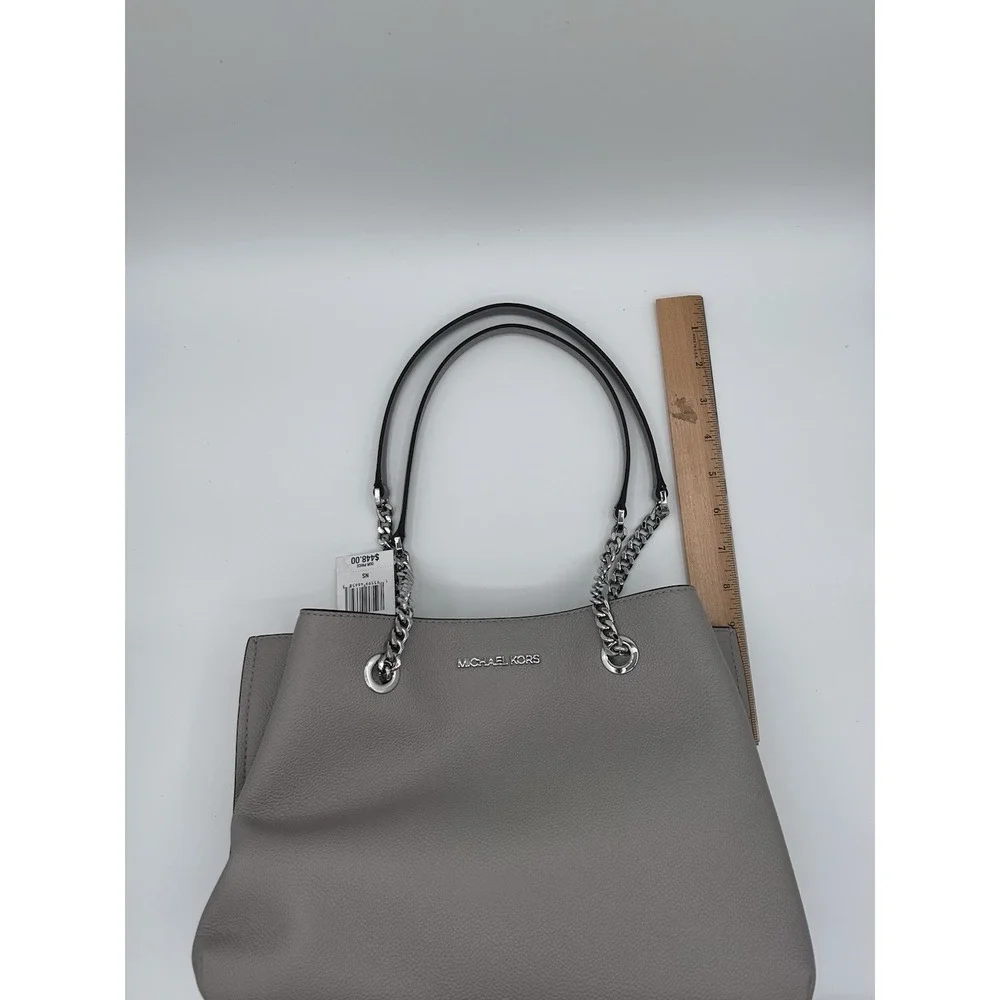 Michael Kors Teagan‎ Long Drop Satchel Pearl Grey Pebbled Leather NEW MSRP $448.